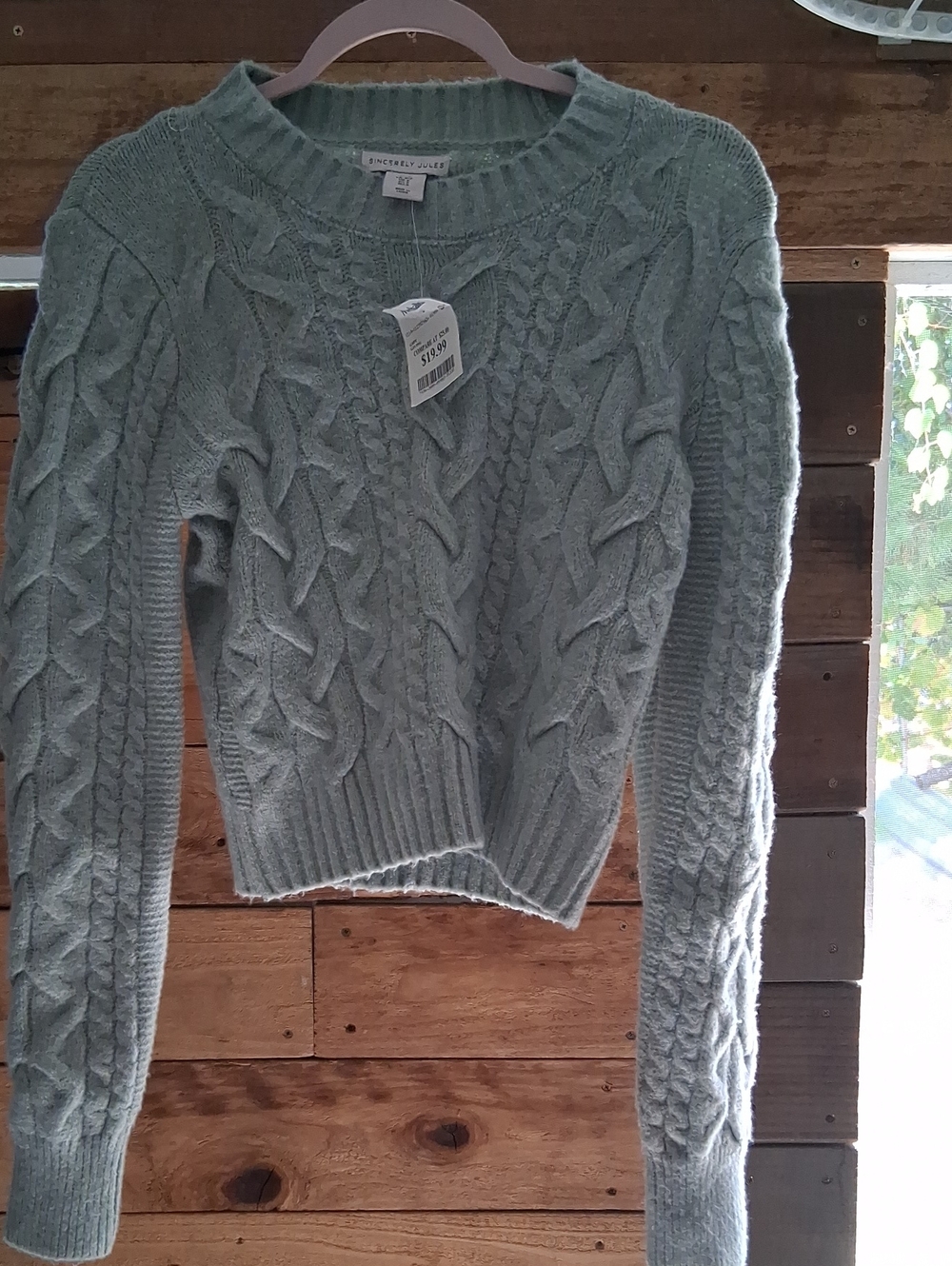 Cable Knit Crewneck Sweater - Light Green